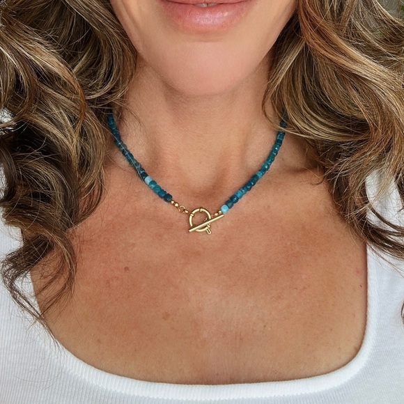 Blue Apatite Gemstone Necklace Gold Toggle Clasp Removable Baroque Pearl - Picture 10 of 16